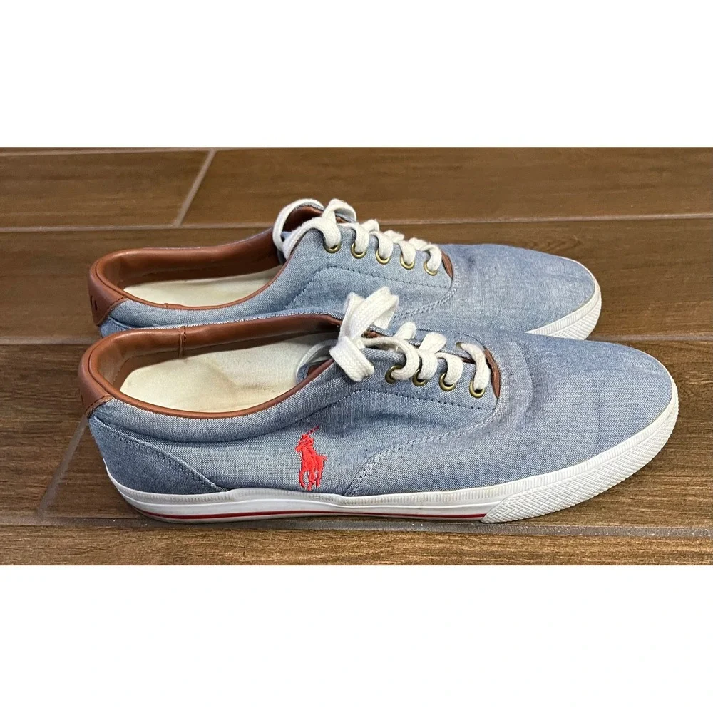 Polo Ralph Lauren Vaughn Mens Blue Chambray Leather Trim Sneakers 11.5D